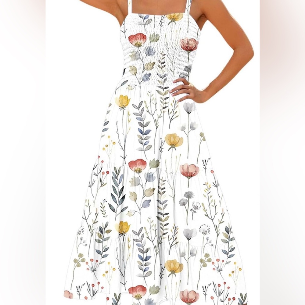 Floral Smocked Maxi Dress in White with Pastel Blooms